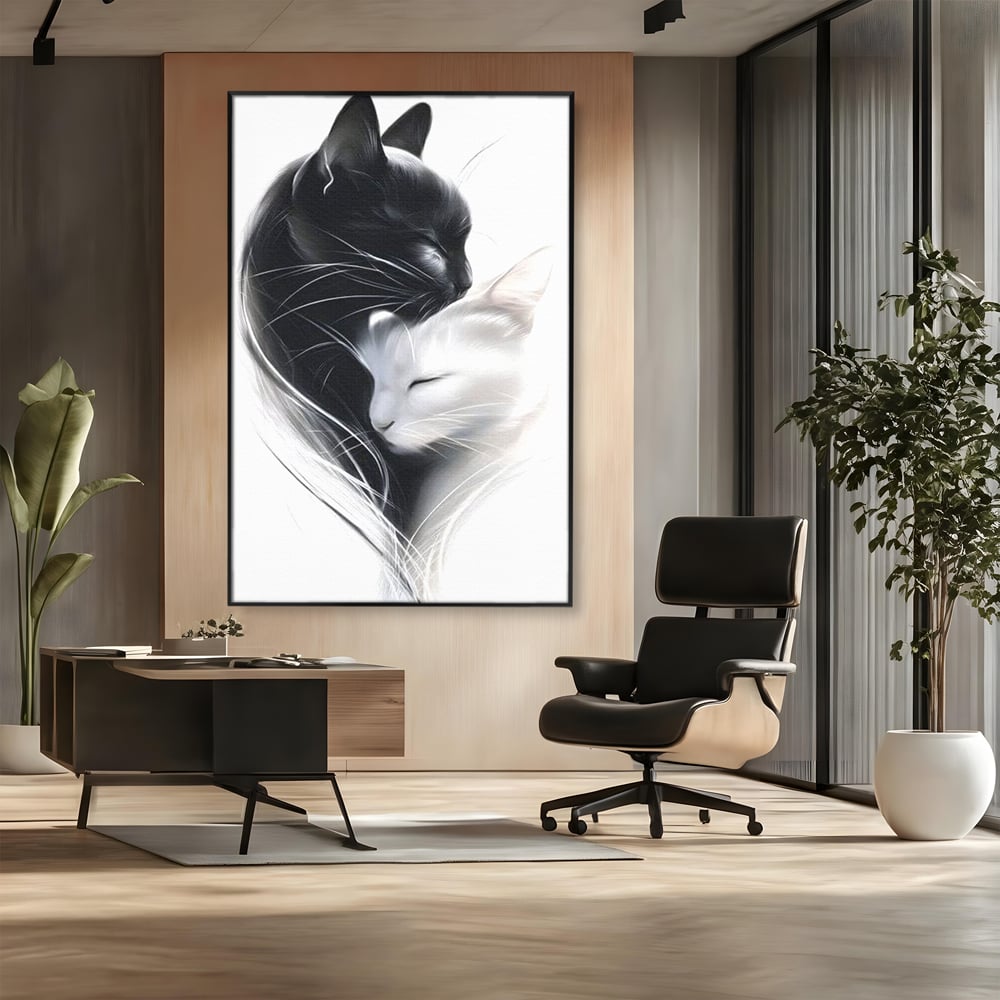 Tablou canvas cu tablou canvas cu pisici alb si negru, in rama de aluminiu negru, pe perete intr-un birou